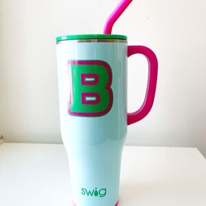 Swig Mega Mug Light Blue Pink Handle B Initial - 40 Oz